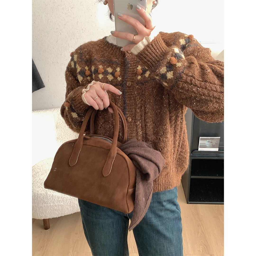 苏安家 费尔岛 手工钩针松果+包扣立体提花宽松显瘦毛衣开衫外套