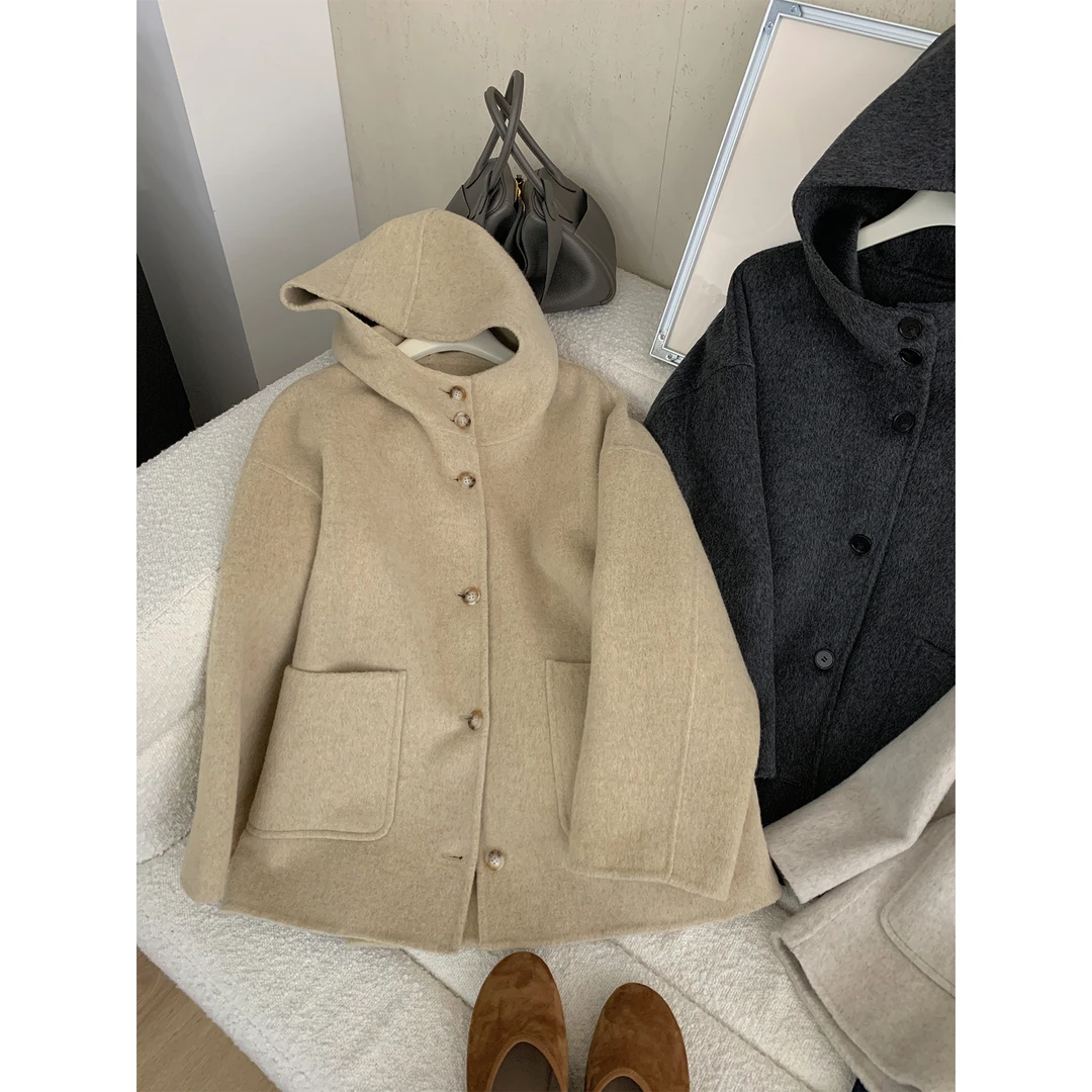 苏安家｜“小灰帽”  秋冬厚实双面尼毛呢连帽大衣外套（干洗）