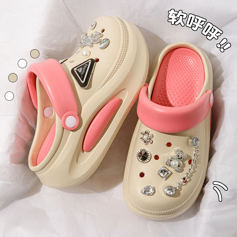 链条熊厚底洞洞鞋女夏季2024外穿防滑软底增高踩屎感沙滩包头凉拖