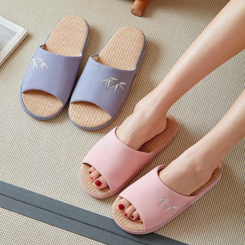 远港四季棉麻布拖鞋女居家室内高级感刺绣时尚透气情侣男士防臭