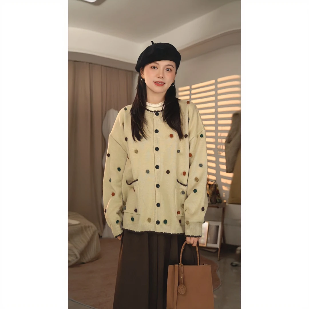 圆圆【爱上彩虹糖】球球花边针织秋冬保暖开衫短款毛衣YY6986