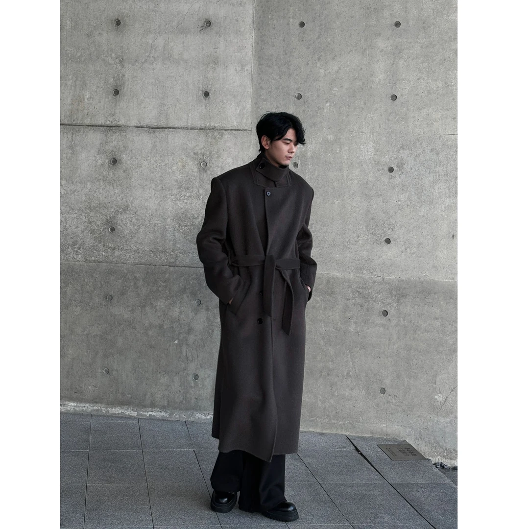 AMT高端定制驼绒羊毛设计款腰带立领设计感大衣