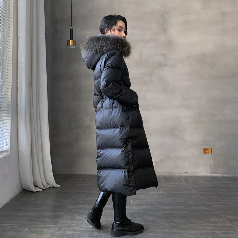 加厚大码连帽情侣保暖女2023年中长款过膝收腰时尚黑色大毛领潮