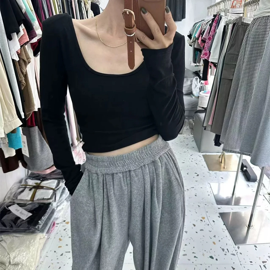 秋新款洋气修身内搭U领长袖T恤女显胸低领打底衫上衣潮