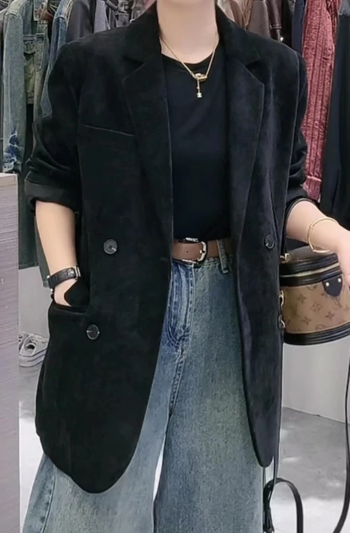 2024年秋冬小西装外套女高级雪尼尔时尚气质宽松休闲双排扣小西服