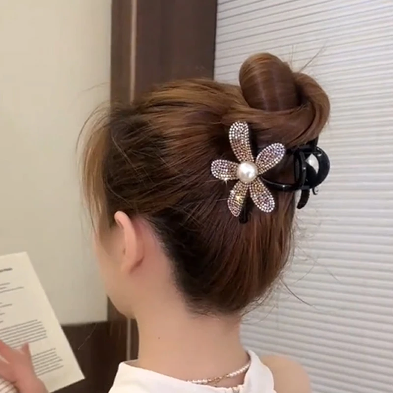 轻奢满钻花朵抓夹百搭珍珠时尚边夹鲨鱼夹夹珍珠发卡发饰洋气高级