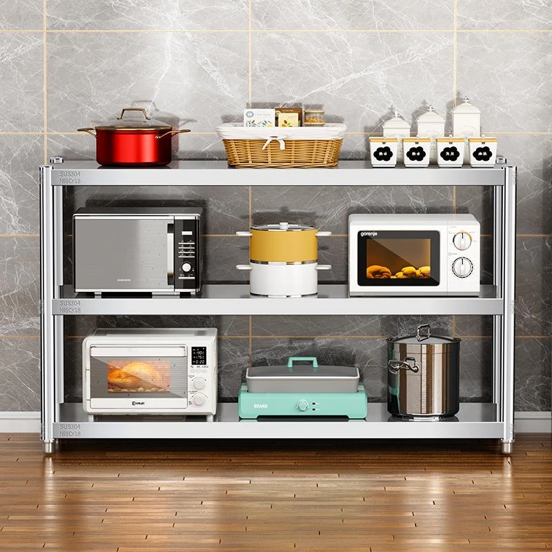 304不锈钢厨房置物架三层落地微波炉架收纳架放锅架家用加厚多层