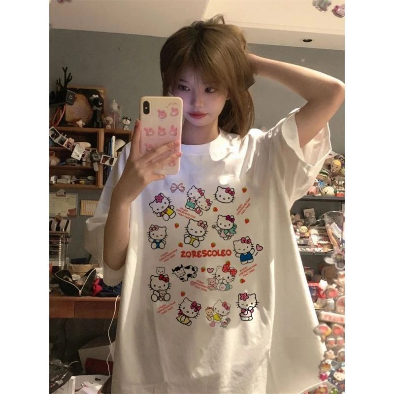 100%纯棉夏季白色短袖t恤女韩版宽松HelloKitty印花甜美可爱上衣
