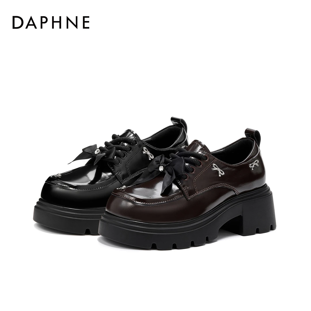 达芙妮秋冬上新时尚百搭简约经典乐福鞋秋季厚底蝴蝶结系带女鞋