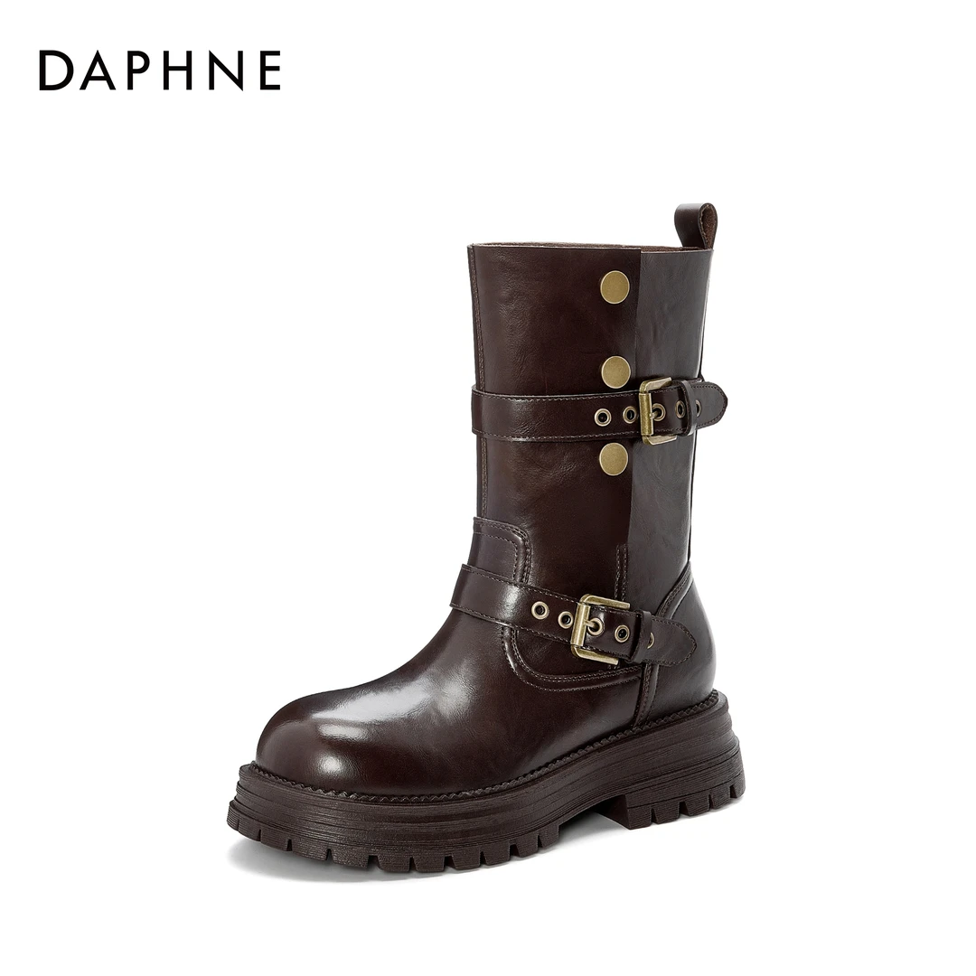 达芙妮百搭气质温柔中筒学院风复古25年秋季新款上新皮带扣靴子