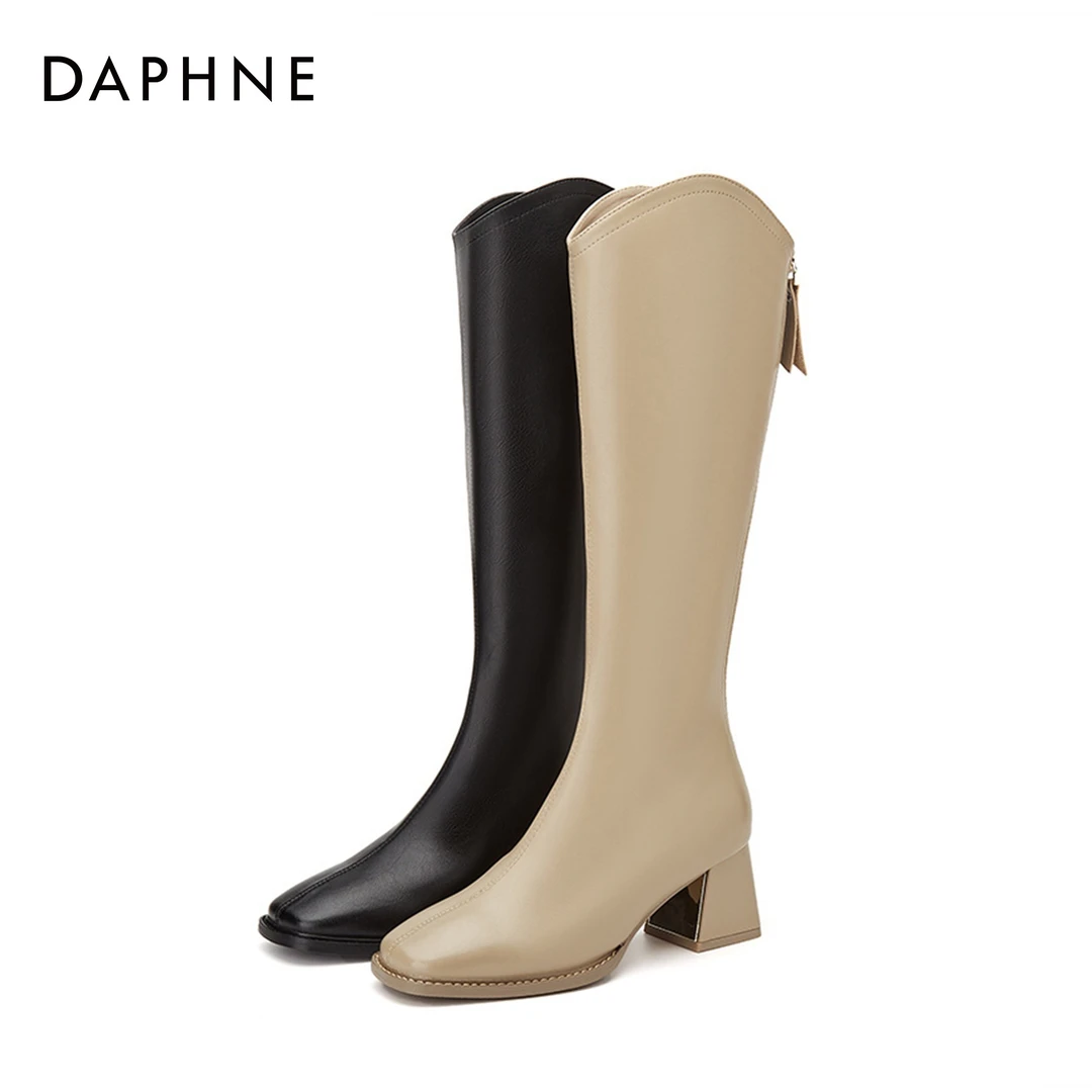 Daphne/达芙妮小个子靴子女新款百搭秋冬厚底拉链骑士粗跟过膝靴