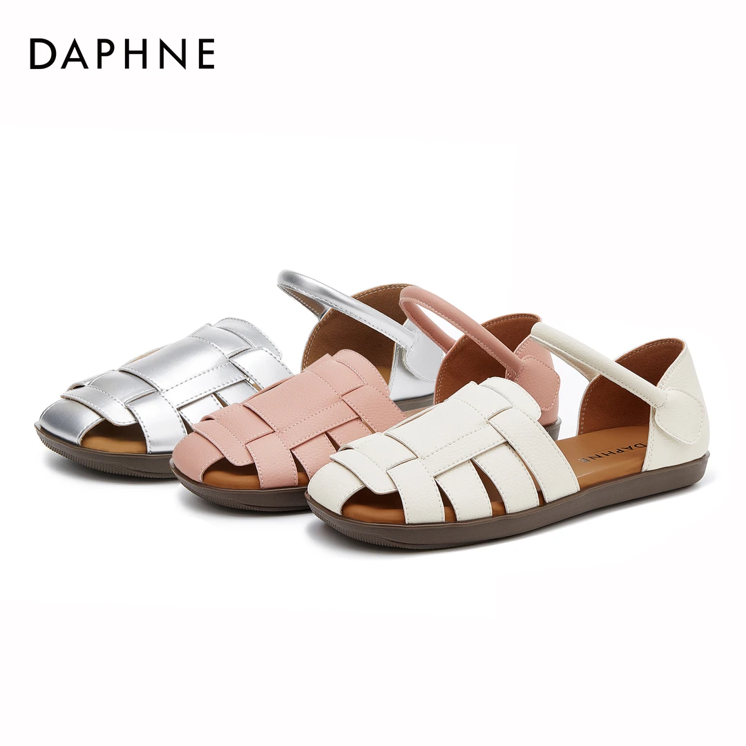 达芙妮时尚休闲百搭女鞋夏季舒适软底编织镂空平底魔术贴圆头单鞋