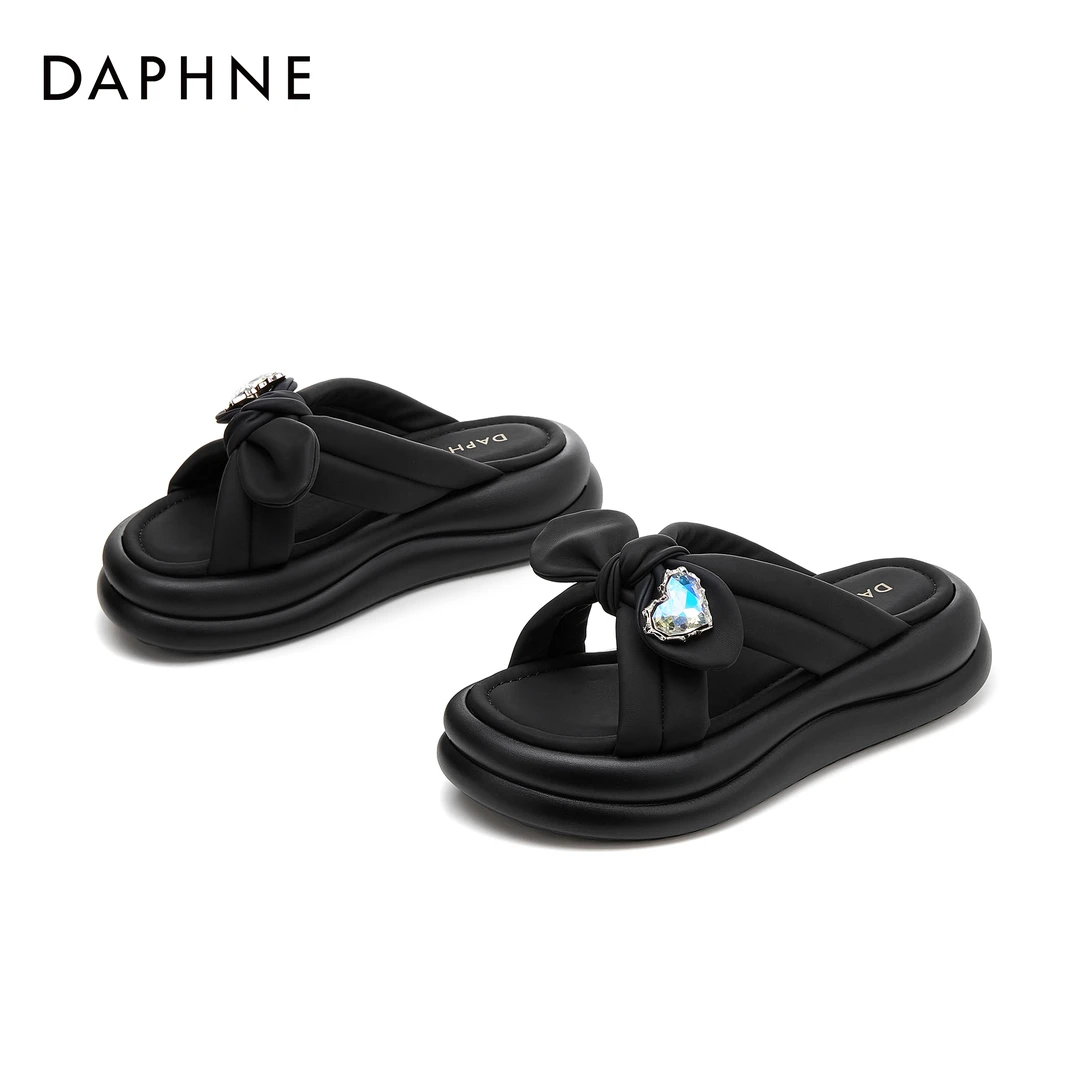 达芙妮网红时尚夏季外穿厚底拖鞋仙女风百搭蝴蝶结水钻ins一字拖