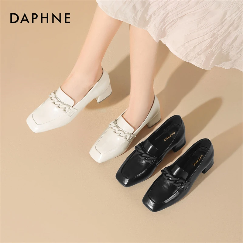 达芙妮时尚百搭潮流春夏新款休闲方头中跟乐福鞋简约气质浅口单鞋