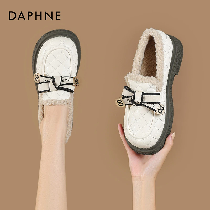 Daphne/达芙妮百搭单鞋女款新款圆头冬加绒外穿时尚一脚蹬豆豆鞋
