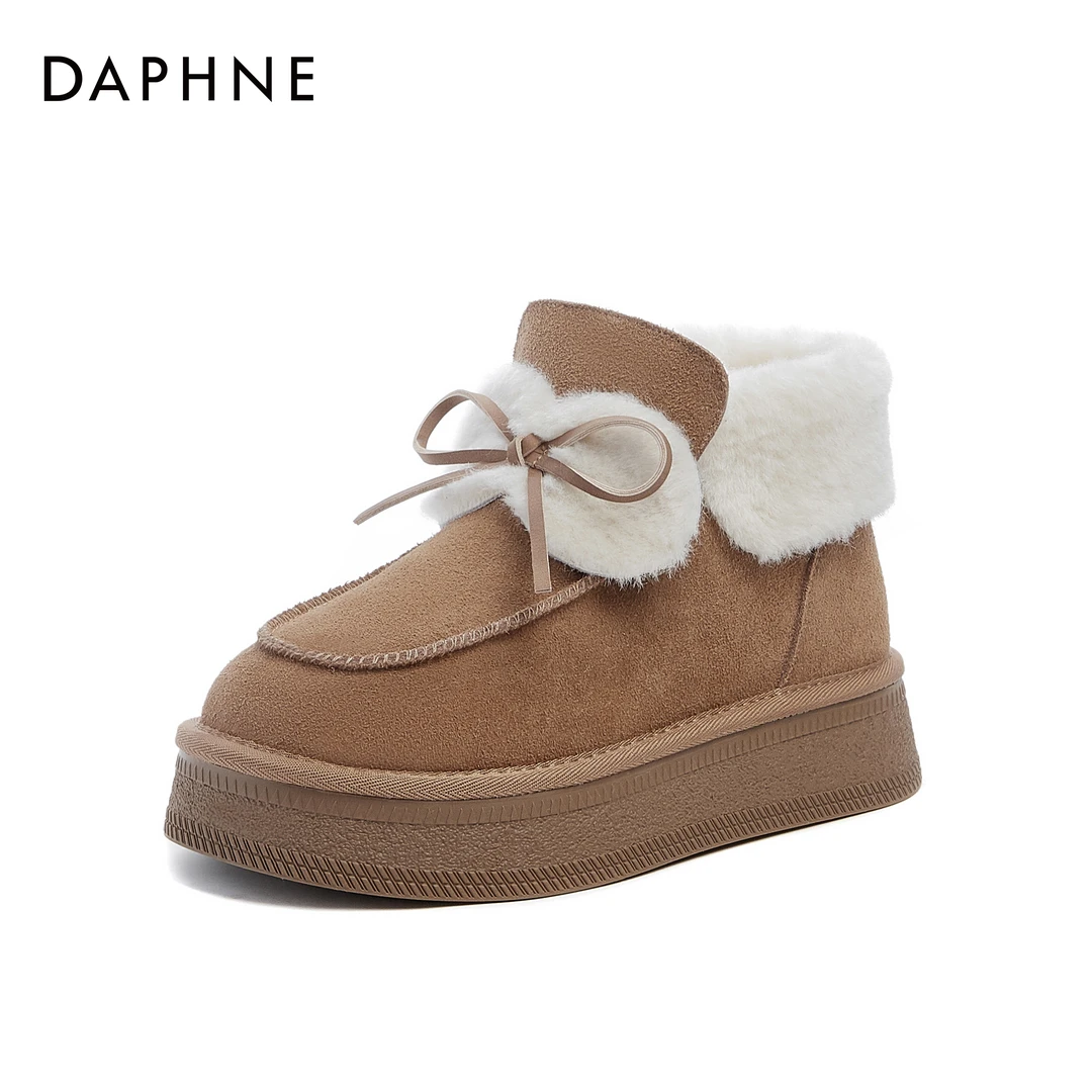 Daphne/达芙妮秋冬雪地靴时尚百搭厚底保暖细带蝴蝶结加厚毛毛鞋