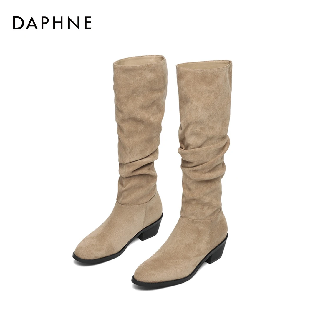 达芙妮2025年秋季长筒骑士靴子女款秋季法式中筒加绒堆堆瘦瘦靴
