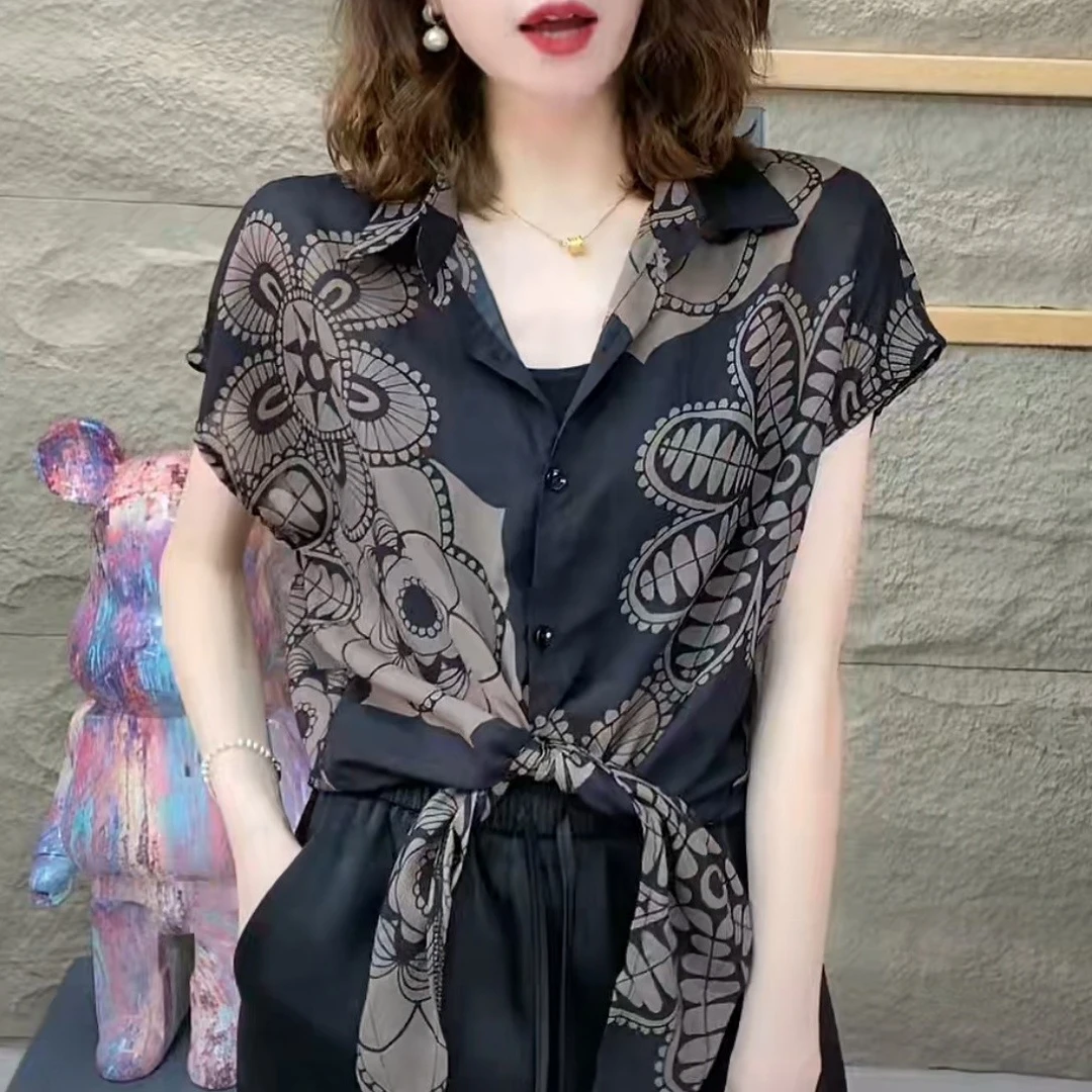 夏季新款韩版衬衫领复古风薄款遮肚印花休闲气质衬衣大码显瘦时尚