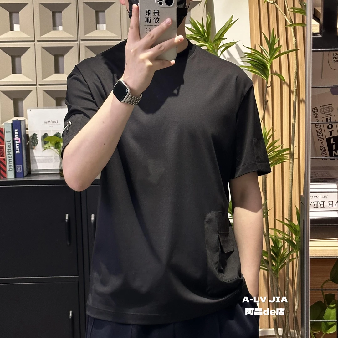 【阿吕-9.8%桑蚕丝拉链口袋款】立体剪裁圆领T恤休闲时风宽松男士