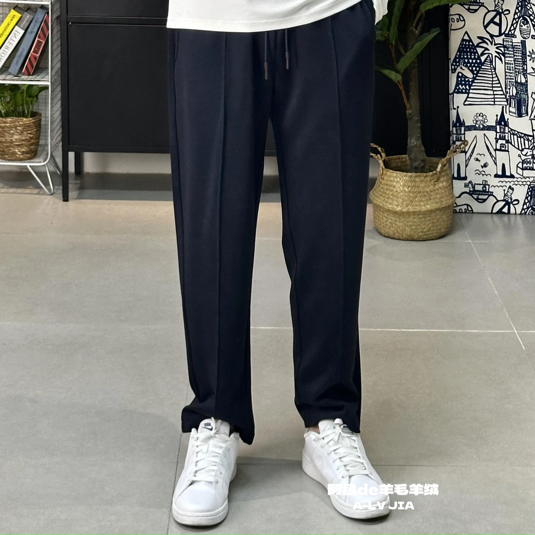 【阿吕-精纺47%羊毛-小直筒裤】抽绳罗纹腰奢侈品级男生休闲裤男士