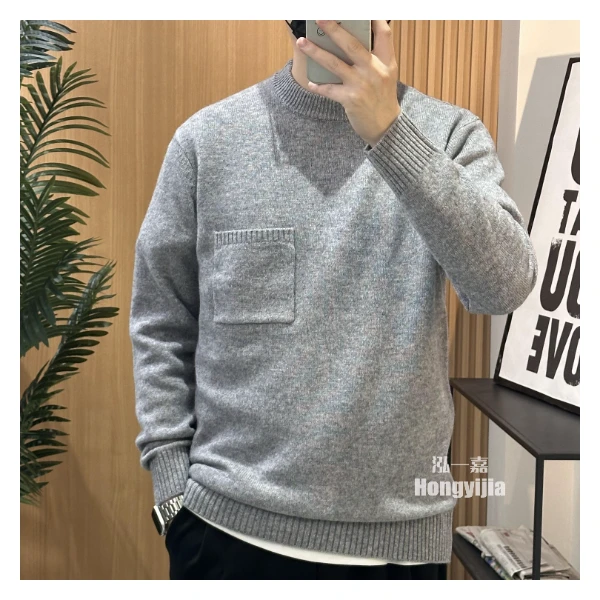 【阿吕-100羊毛】纯色口袋装饰圆领长袖保暖休闲时尚百搭男士羊毛衫