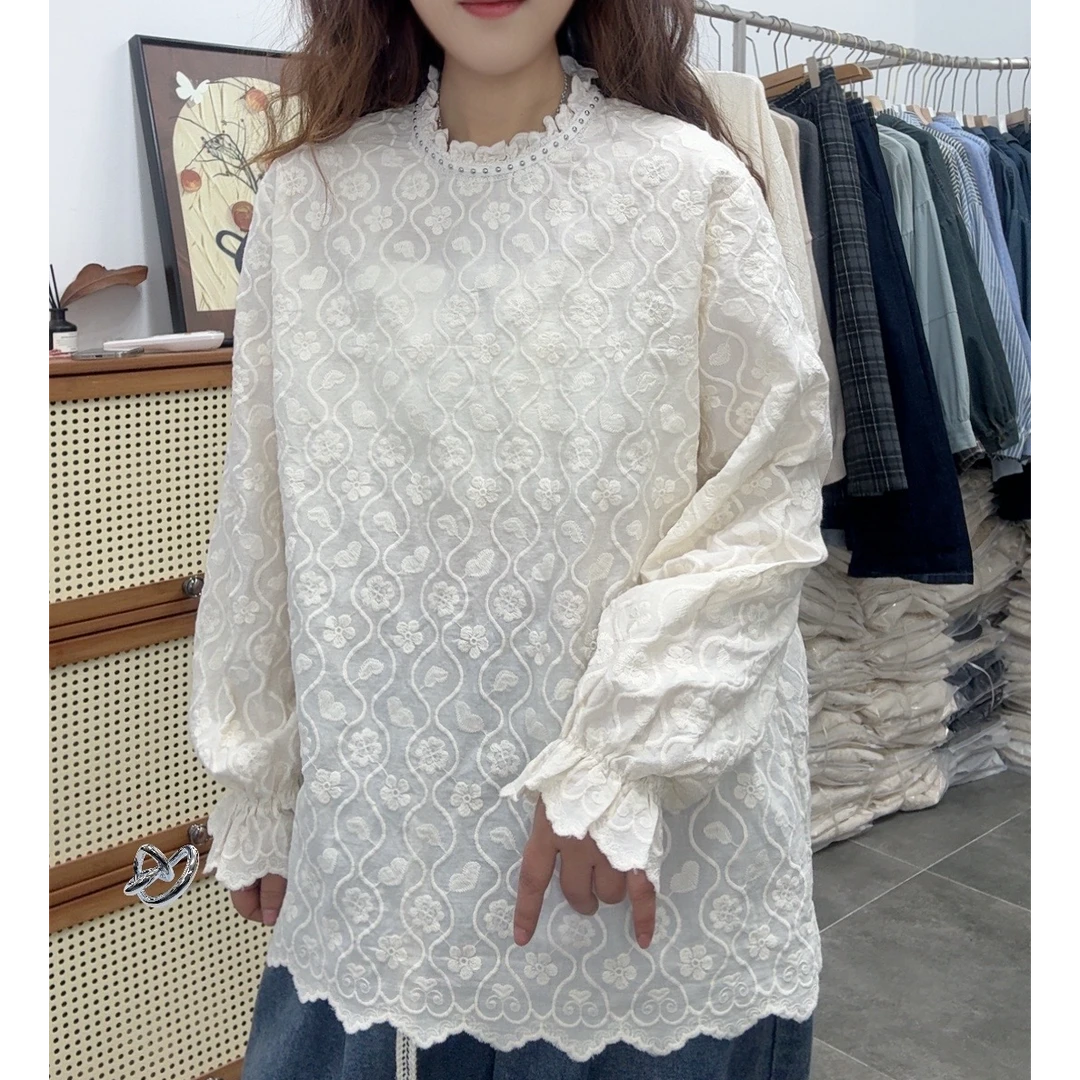 韩系大版新款刺绣绣花衬衫宽松打底百搭上衣木耳领设计感
