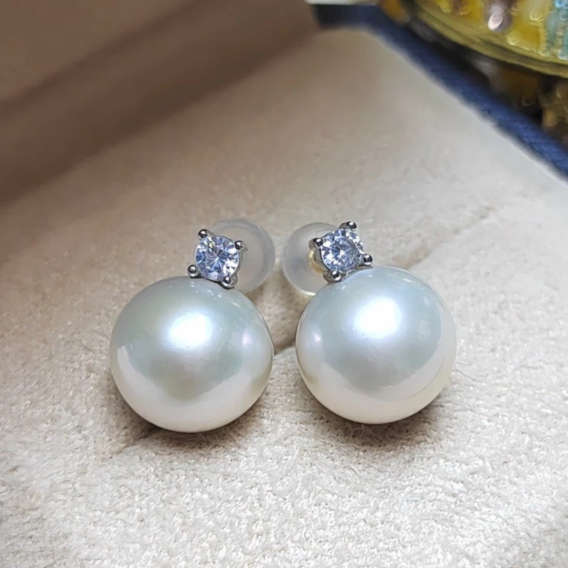 高定戴妃款淡水正圆S925银4A爱迪生珍珠耳钉11-12mm