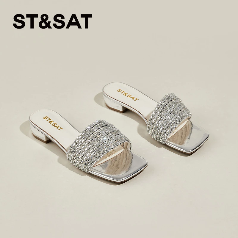 星期六粗跟一字拖鞋女2025新款夏季网红水钻百搭时尚气质中跟凉鞋