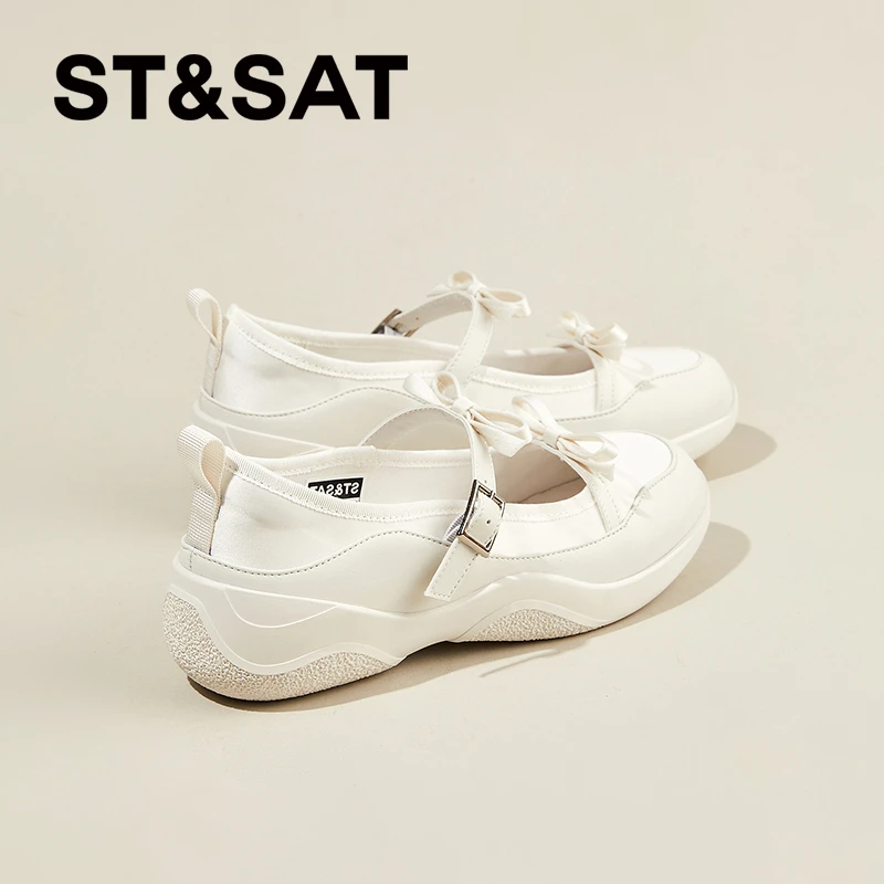 星期六白色芭蕾舞鞋圆头玛丽珍单鞋女款2025新款软底蝴蝶结厚底鞋