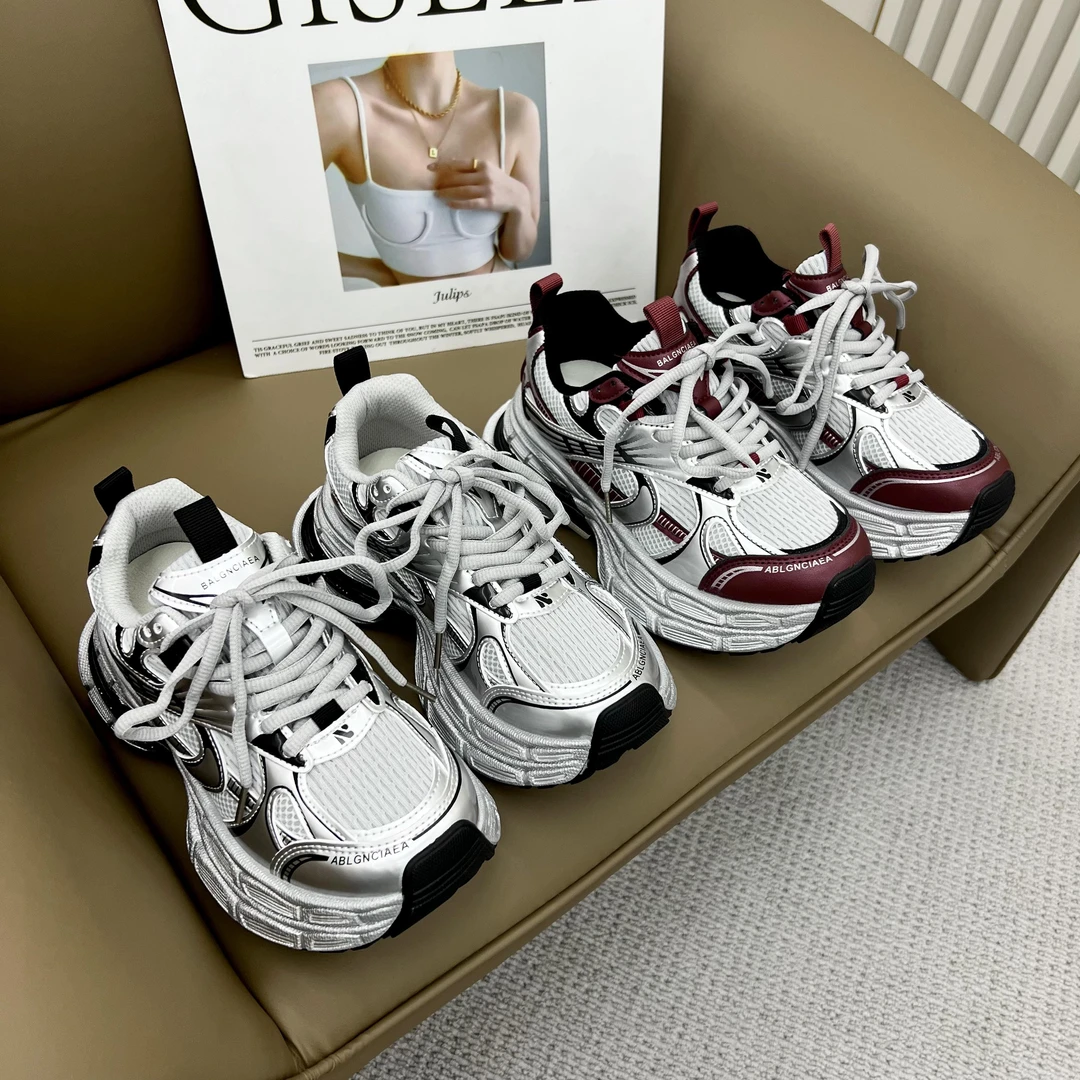 厚底时尚老爹鞋女2024春秋季潮鞋系带拼色百搭网面跑步休闲运动鞋