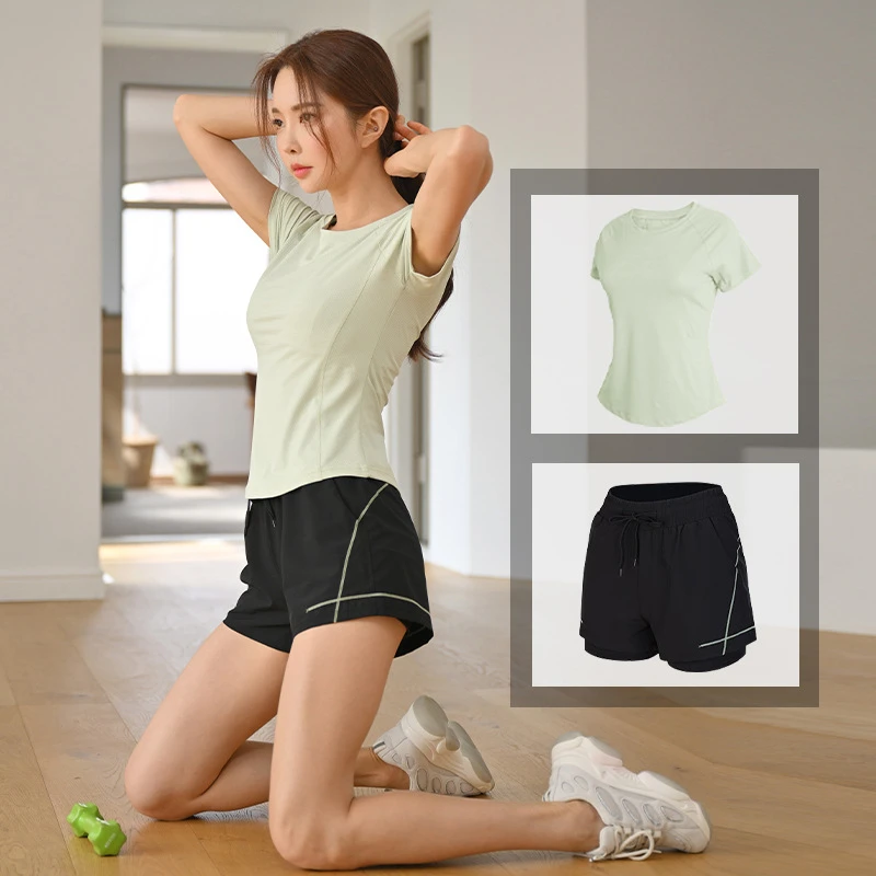 夏季运动健身瑜伽宽松速干透气健身服套装薄款女性圆领直筒休闲