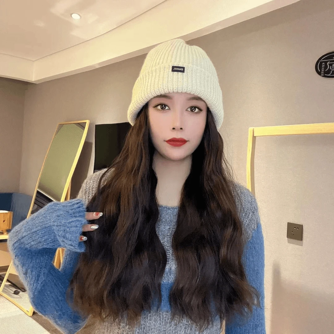 简约CH针织毛线帽子假发一体假发女潮流时尚休闲女假发帽