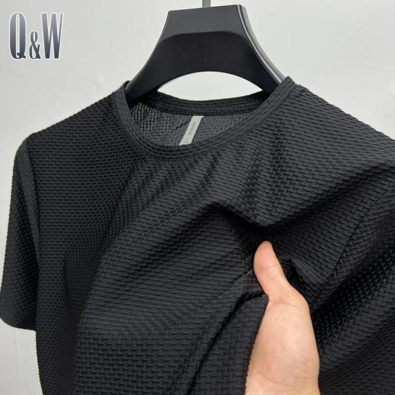 爆款压花冰丝短袖t恤男2024新款潮流百搭半袖男装圆领上衣服夏季