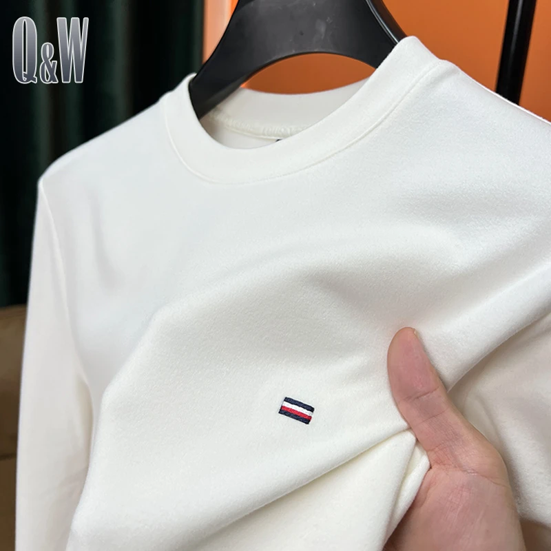 磨毛双面绒纯白色打底衫男长袖t恤秋冬季修身秋衣打底衫男款秋冬