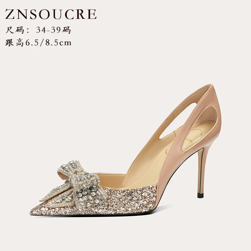 秀禾主婚纱新娘鞋新款法式羊皮订婚婚鞋伴娘中空高跟鞋女 708-A61