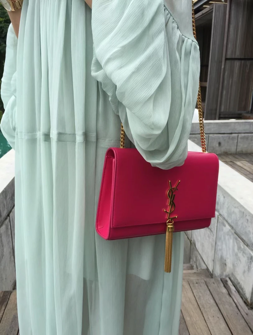 95新 YSL/圣罗兰 玫红色流苏/长24