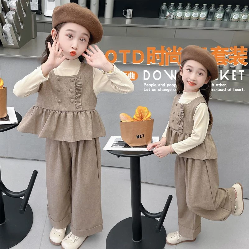 女童套装秋季2025新款洋气时髦儿童女宝宝阔腿裤秋季马甲三件套潮