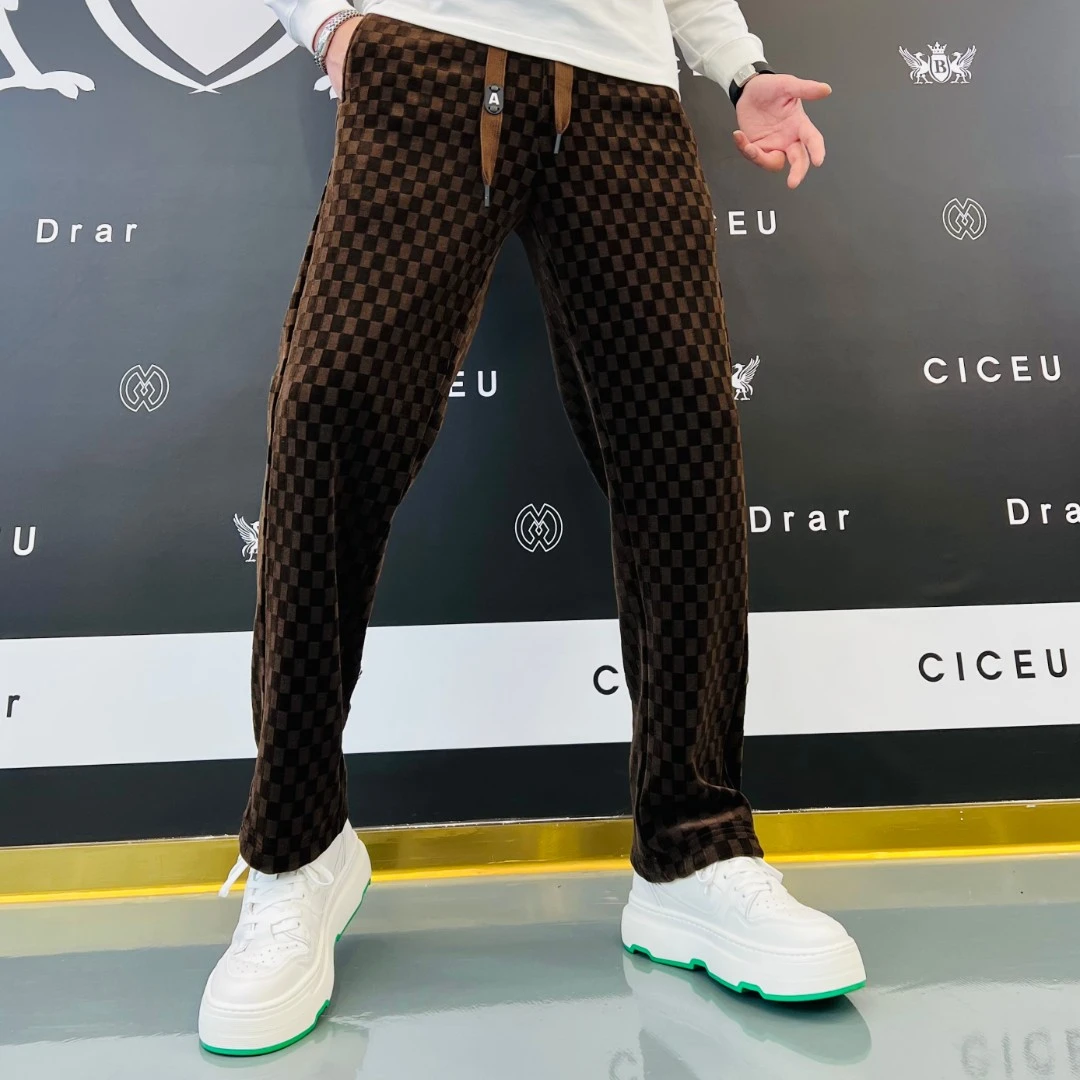 CICEU 2023欧货高端冬季魔方格时尚百搭加绒加厚休闲直筒裤 23033
