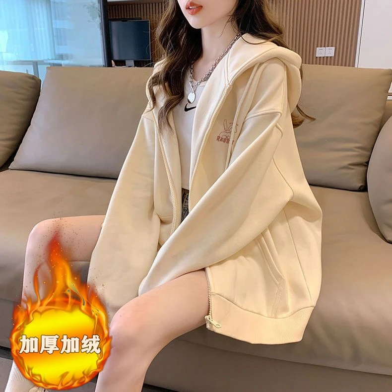秋冬加绒温柔风显瘦外套女韩版小清新慵懒风ins大码连帽开衫上衣