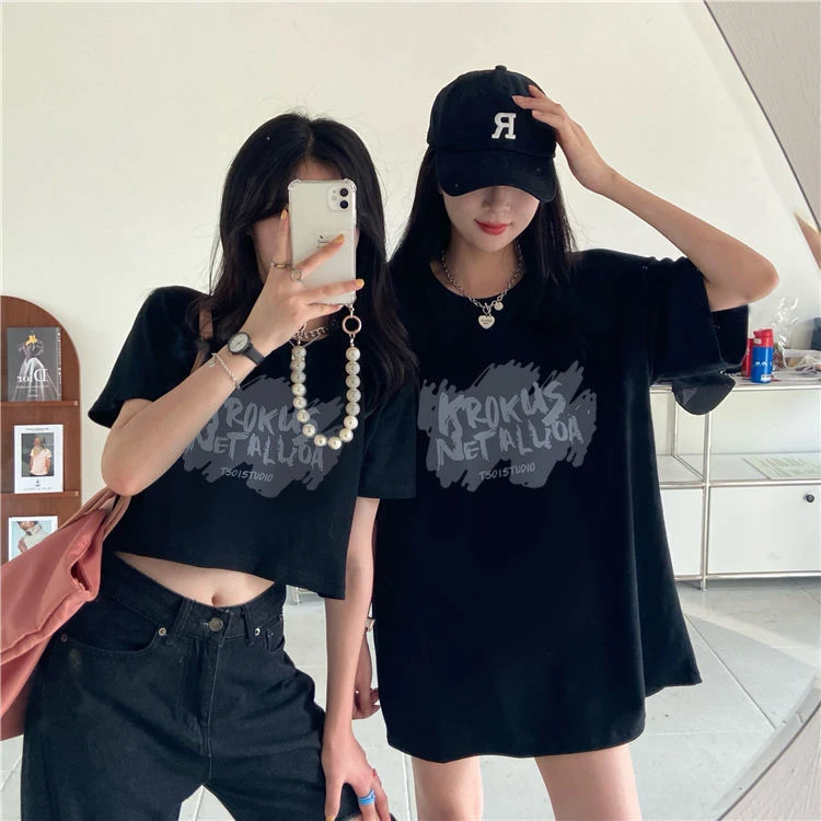 纯棉夏季韩版新款设计感Bf原宿风短款T恤女闺蜜装情侣装学生ins潮