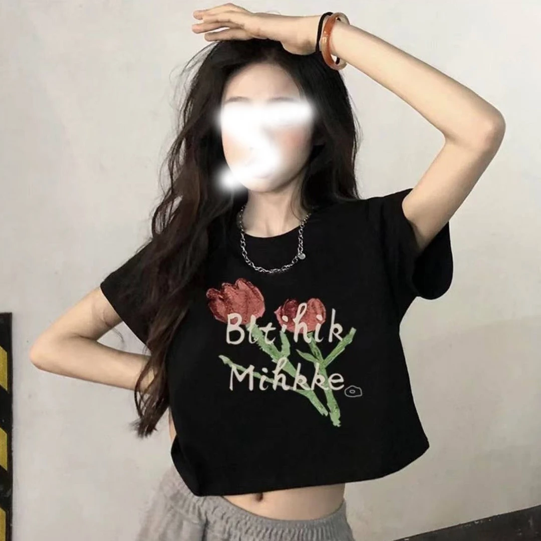 纯棉短款短袖t恤女2023夏季新款宽松百搭露脐高腰ins上衣服潮女装