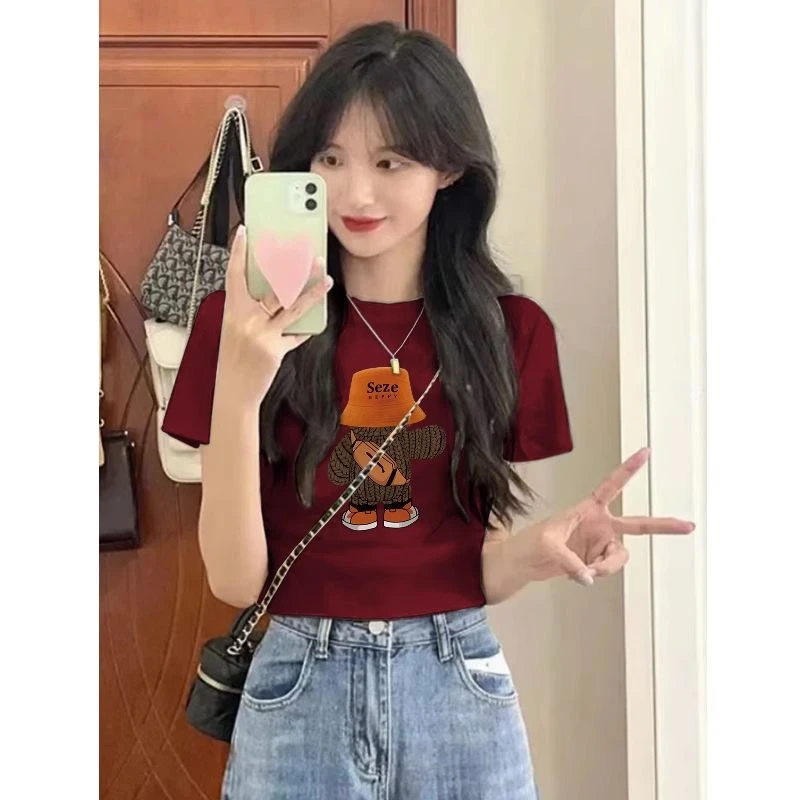 重磅纯棉酒红色短袖t恤女夏季款小个子正肩修身显瘦短款高腰上衣