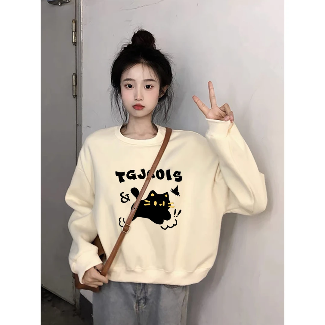 秋冬新款加绒加厚短款圆领卫衣女潮牌时尚慵懒风oversize猫咪上衣