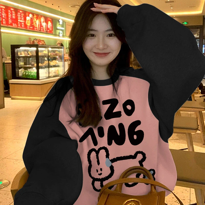 重磅棉插肩袖卫衣女秋新款设计感宽松小众慵懒风上衣女学生小个子