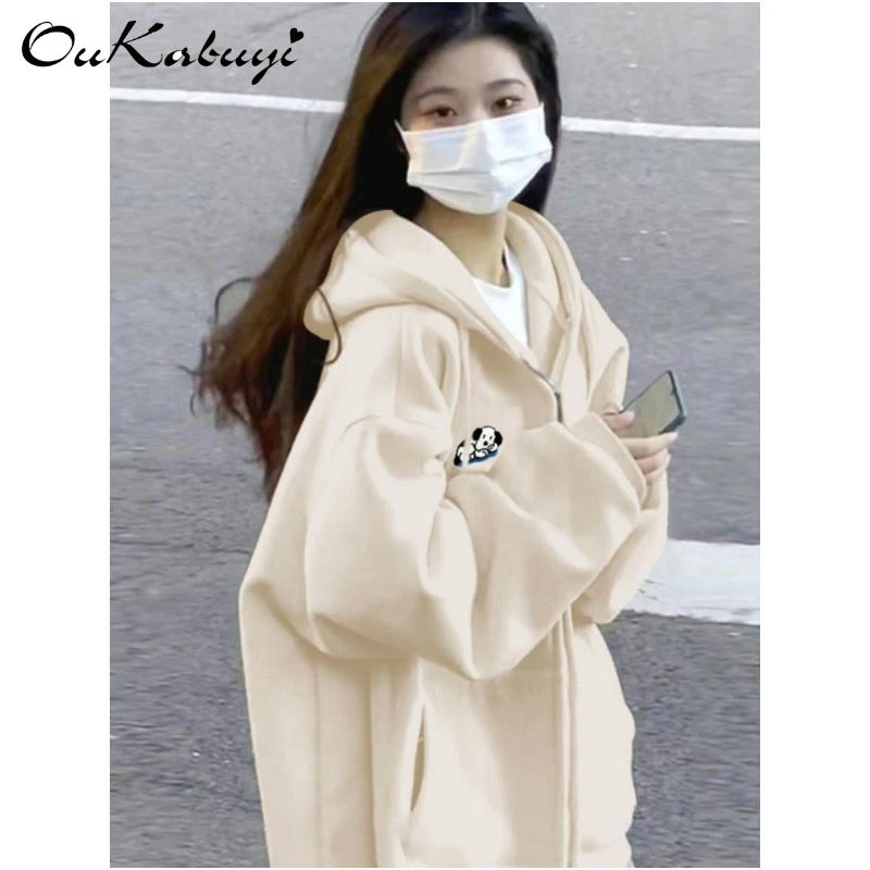 重磅棉质奶杏色美式复古慵懒春秋薄款拉链外套学生卫衣女连帽开衫