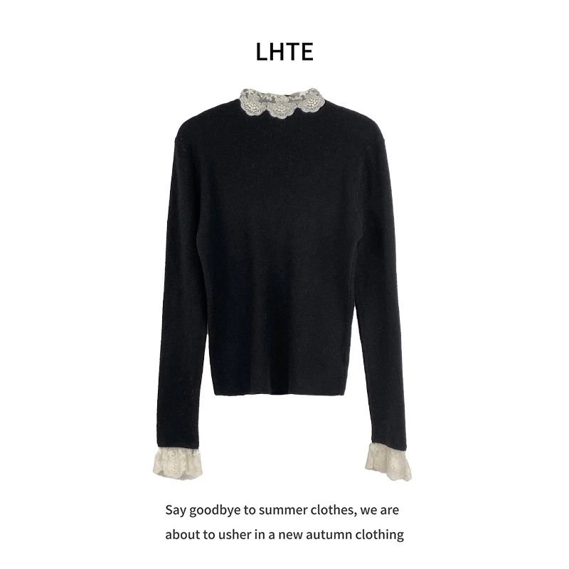 青青大码女装黑色蕾丝边半高领针织打底衫内搭毛衣女秋冬季C2233