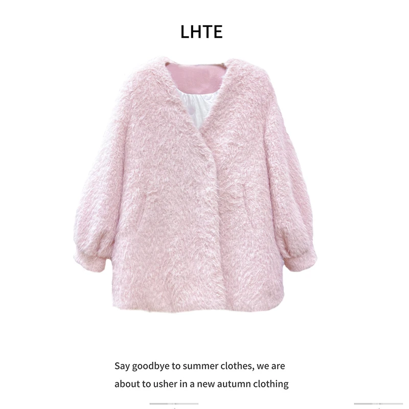 青青大码女装冬款嫩粉色毛绒大衣加厚外套带围脖甜美风A5539粉色