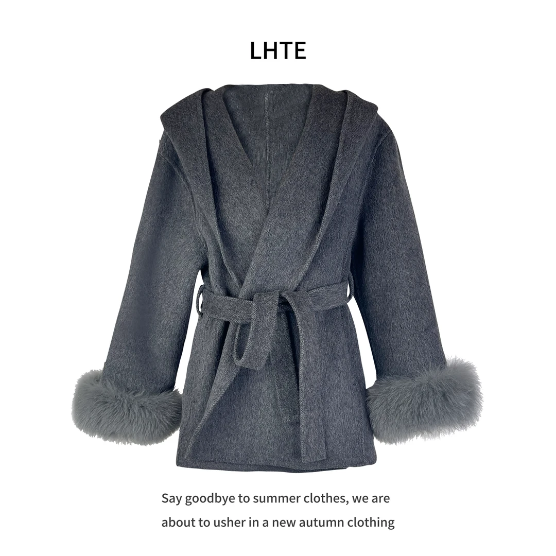 【青青定制】大码女装双面毛呢大衣深灰色毛毛冬季气质外套C0159