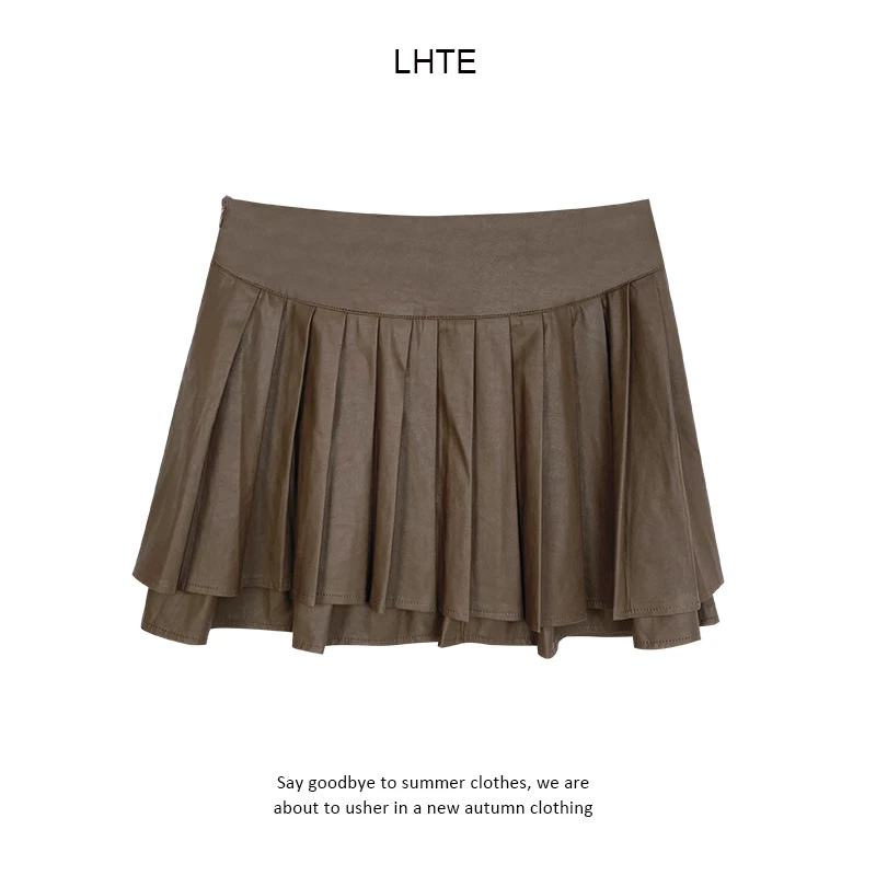 【青青定制】D8305棕色 百褶皮裙 秋冬高腰纯色百褶裙