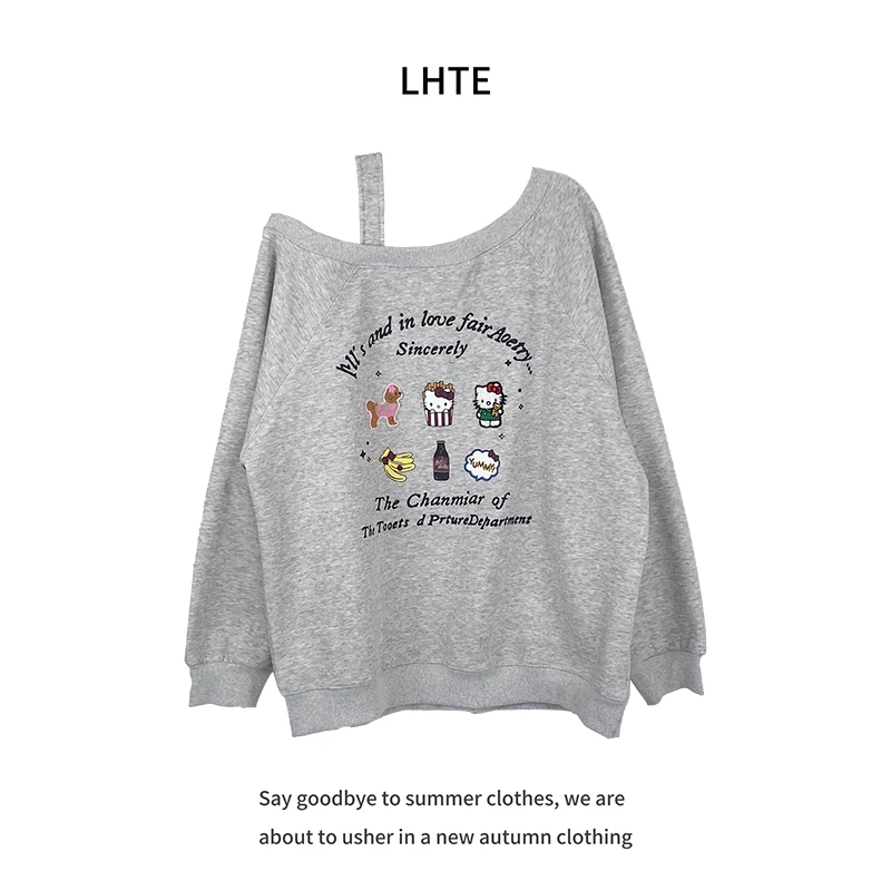 青青大码女装韩版灰色慵懒风宽松印花露肩长袖上衣女春秋季C9096